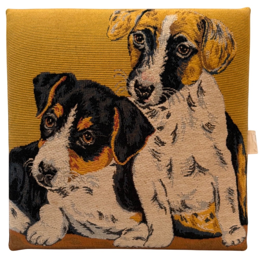 Vintage Tapestry Dog Footstool Ottoman Wooden Legs Puppy Accent Stool Whimsical
